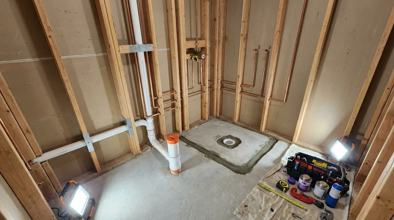 Bathroom rough-in plumbing during remodel by Johns Plumbing LLC in Edmore
