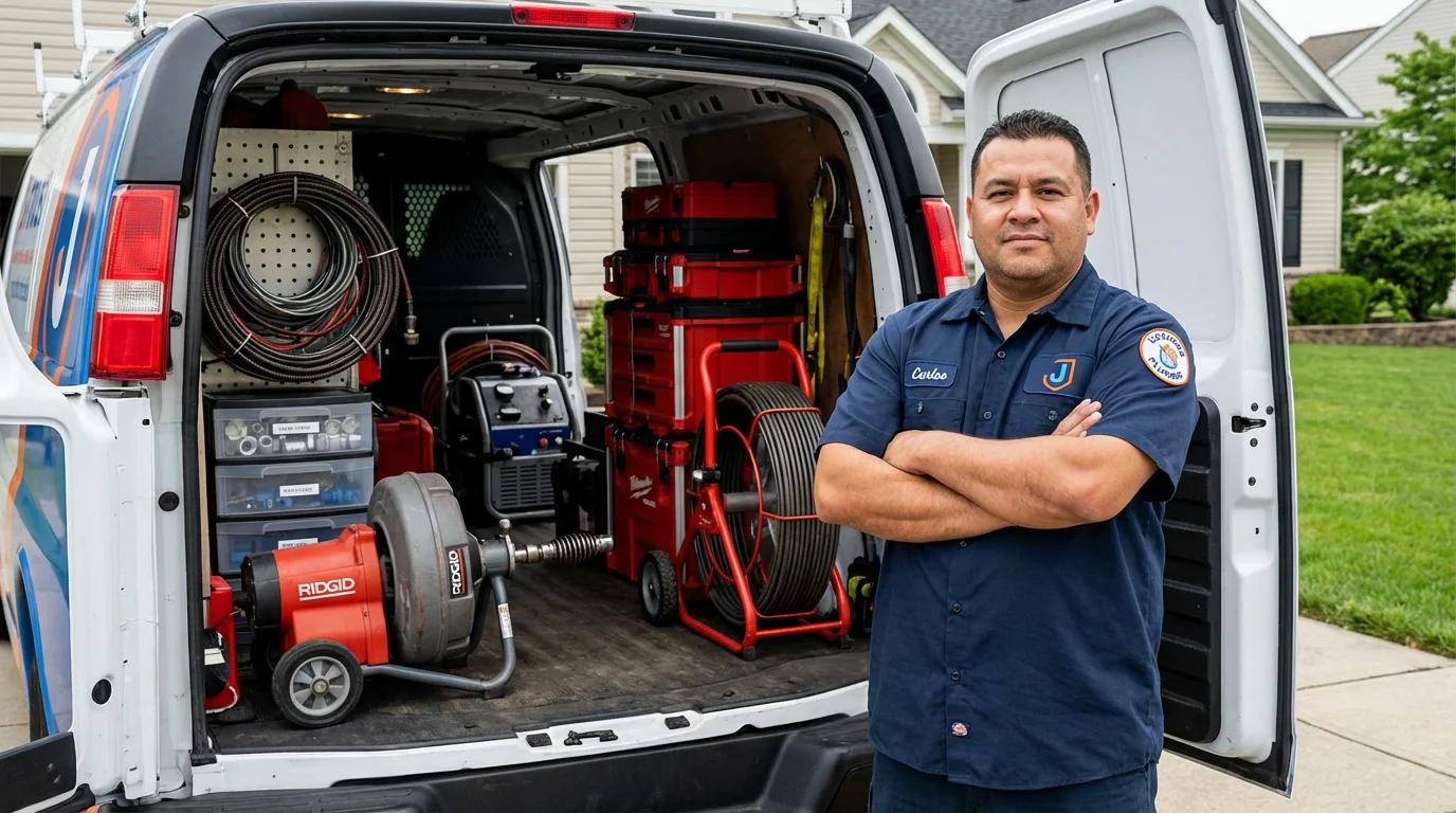 Professional drain cleaning equipment and Johns Plumbing LLC plumber in Edmore