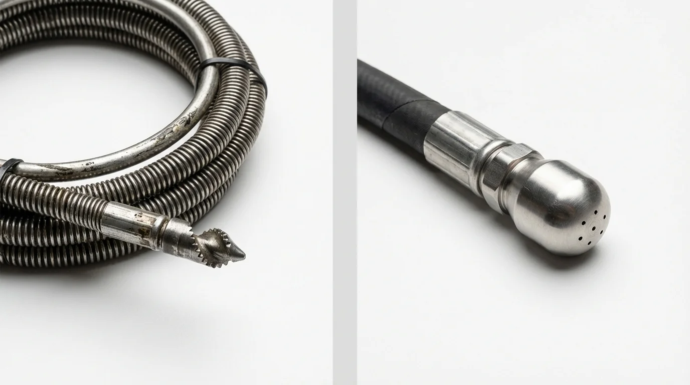 Drain snake cable and hydro jetting nozzle used for drain cleaning in Edmore, MI