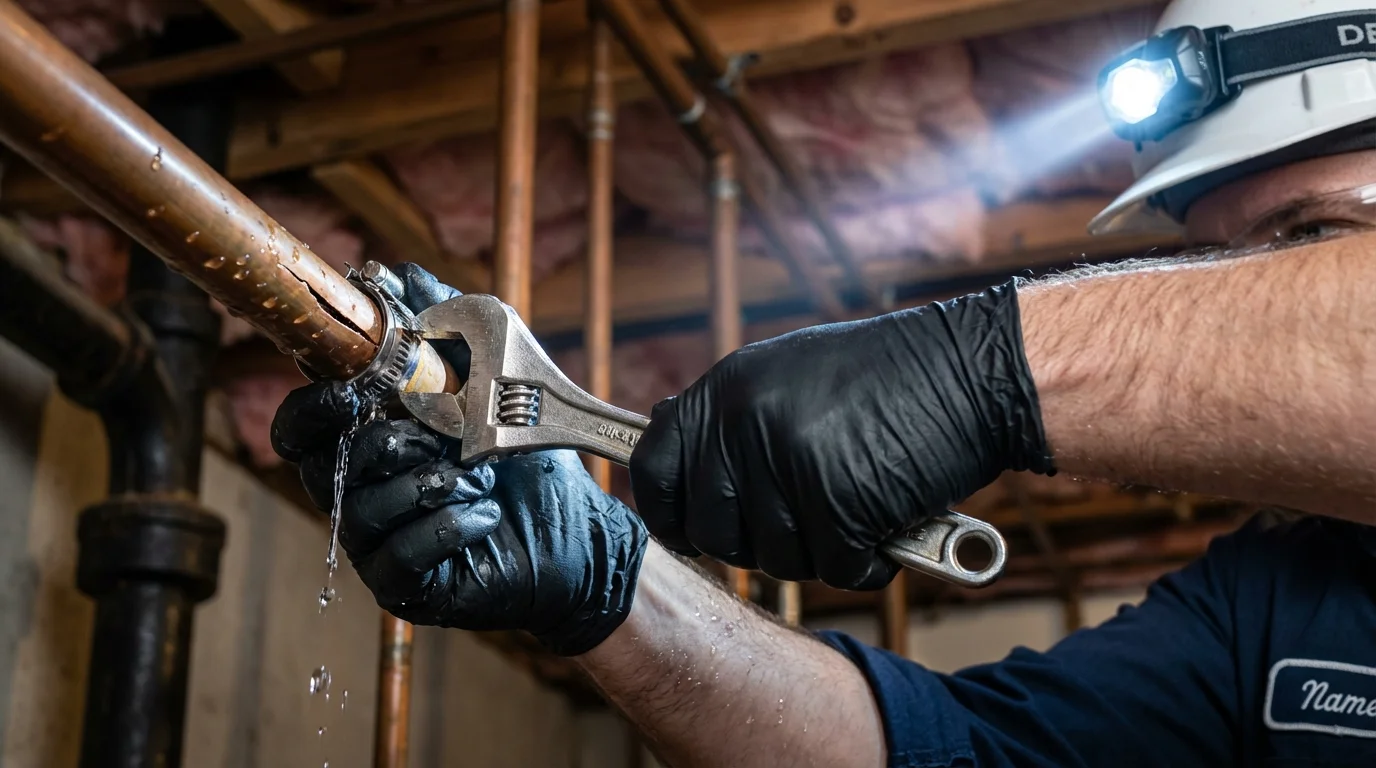 Emergency pipe clamp repair being performed by a Johns Plumbing LLC plumber in Edmore
