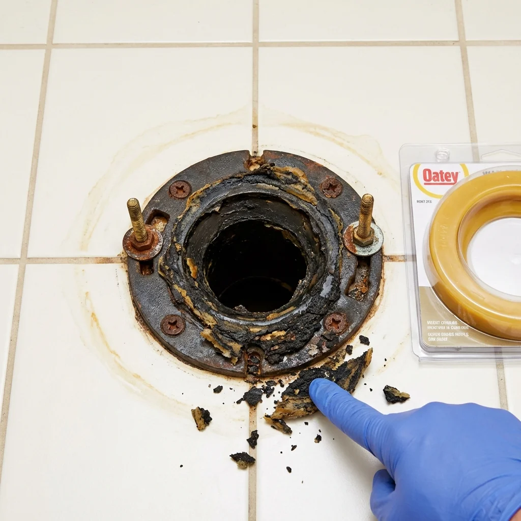 Failed wax ring showing water seepage at the base of a toilet in a Edmore, MI home