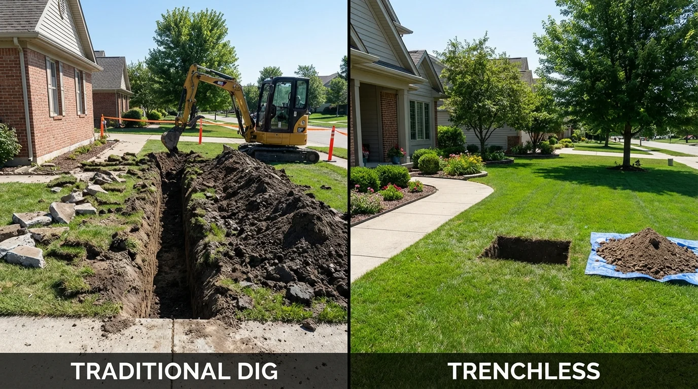 Trenchless sewer repair with minimal yard damage versus traditional excavation in Edmore, MI