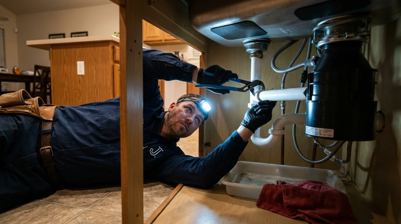 P-trap and supply line connections under a kitchen sink showing a common leak point in Edmore, MI